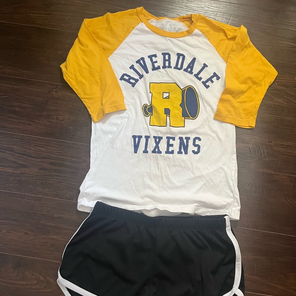 Riverdale Vixens Yellow and White Raglan Tee with Black Shorts